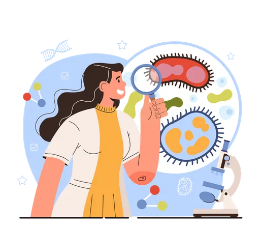 Diverse Women In Science Concept Female Character Molecular Biologist Works With Composition Structure And Interactions Of Cellular Molecules Cell Components Studying Flat Vector Illustration Illustration