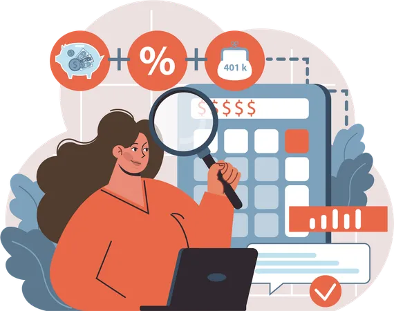 Woman research on budget calculation  Illustration
