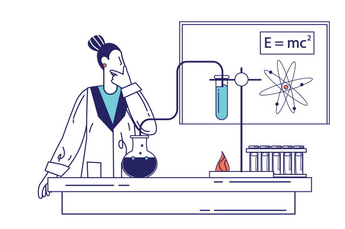 Woman researcher makes test using flasks  Illustration