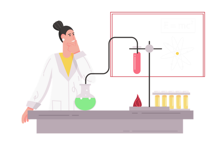 Woman researcher makes test using flasks  Illustration