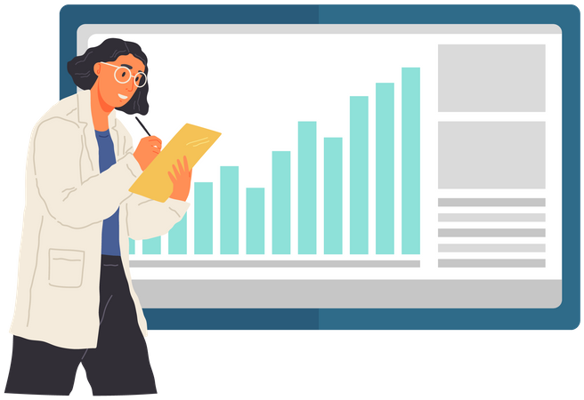 Woman researcher write research data report Illustration