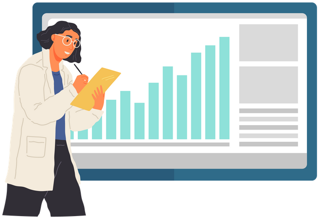 Woman researcher write research data report  Illustration