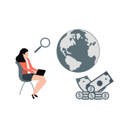 Woman researching global investment  Illustration