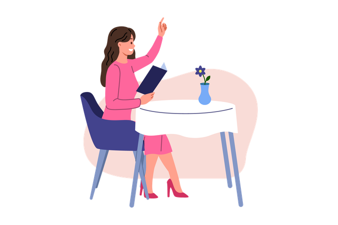 Woman restaurant visitor raises hand to call waiter and place order sits at table and holds menu  Illustration
