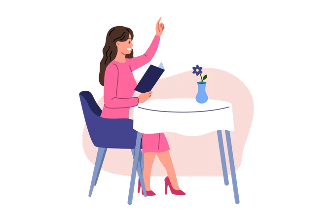 Woman restaurant visitor raises hand to call waiter and place order sits at table and holds menu  Illustration