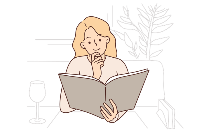 Woman restaurant visitor reads menu sitting at table with empty wine glas  Illustration