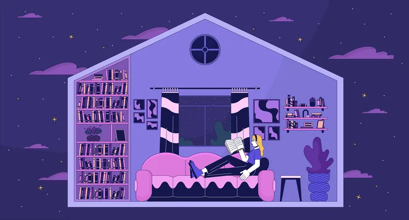 Woman Resting In House Lofi Wallpaper Caucasian Female Reading Book At Cozy Home 2 D Cartoon Flat Illustration Comfortable Domestic Lifestyle Chill Vector Art Lo Fi Aesthetic Colorful Background Illustration