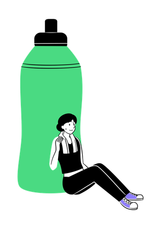Woman Resting near Water Bottle  Illustration