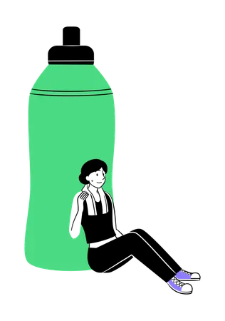 Woman Resting near Water Bottle  Illustration