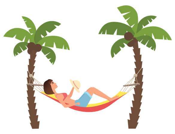 Woman resting on hammock at beach  Illustration