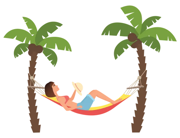 Woman resting on hammock at beach  Illustration