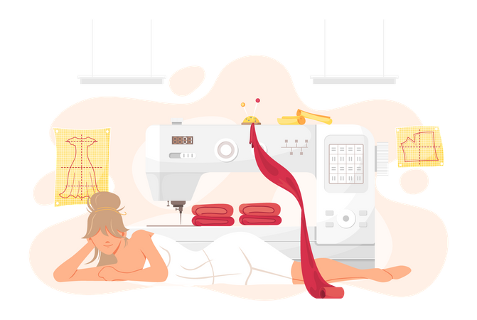 Woman resting while making clothes with special equipment  Illustration