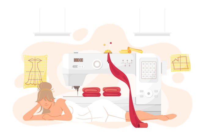 Woman resting while making clothes with special equipment  Illustration