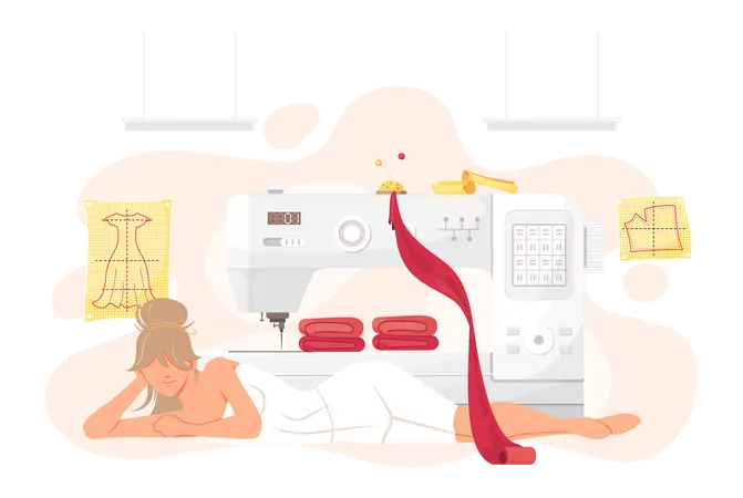 Woman resting while making clothes with special equipment  Illustration