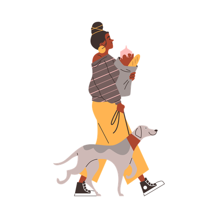 Woman returns home with dog and bag of groceries  Illustration