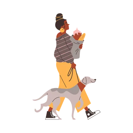 Woman returns home with dog and bag of groceries  Illustration