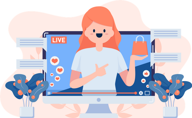 Woman Review or Selling Product Through Live Streaming Illustration