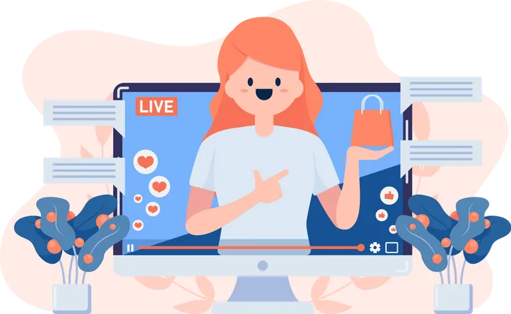 Woman Review or Selling Product Through Live Streaming Illustration