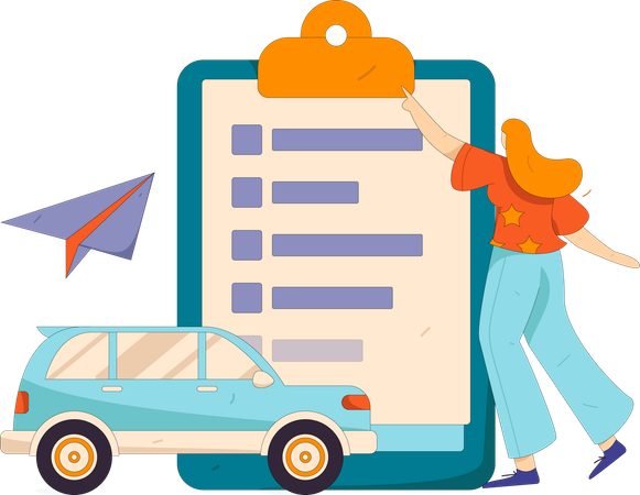 Woman reviews car insurance papers  Illustration