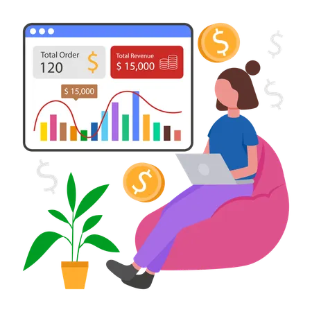 Woman reviews Finance Dashboard  Illustration