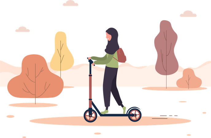 Woman ride scooter in park Illustration