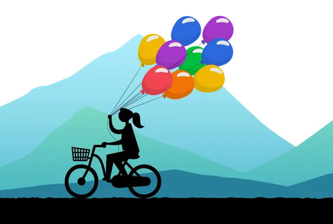 Woman rides a bicycle and carries a bunch of balloons  Illustration