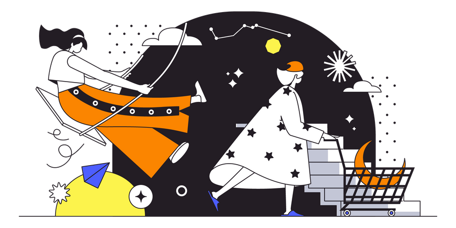 Woman rides on swing among stars Illustration