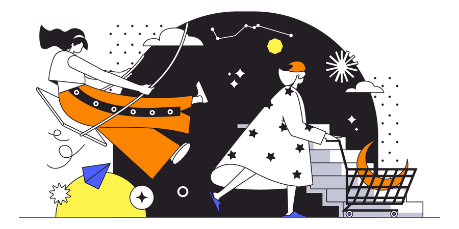 Woman rides on swing among stars  Illustration