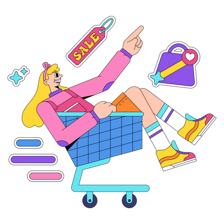 Woman rides shopping cart after order complete  Illustration