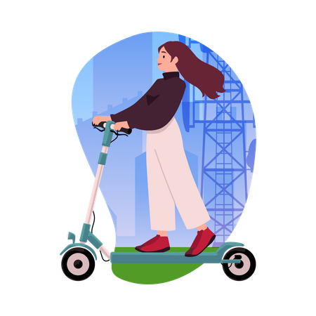 Woman riding a scooter on city backdrop  Illustration