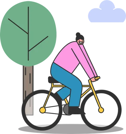Cartoon Woman Riding Bicycle Over Tree Background Profile View Of Female Cyclist Fitness Healthy Lifestyle And Transportation Concept Flat Vector Illustration Illustration