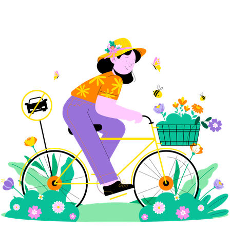 Woman riding bicycle in Spring  Illustration