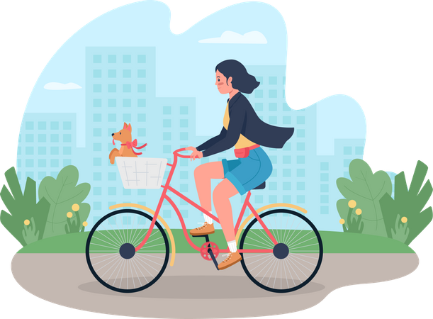 Woman riding bicycle with dog in basket  Illustration