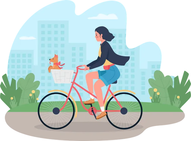 Woman riding bicycle with dog in basket  Illustration