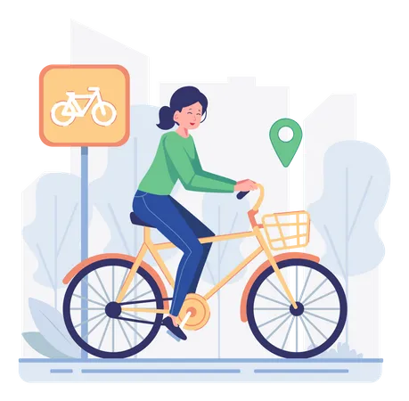 Woman riding bike in bicycle lane Illustration