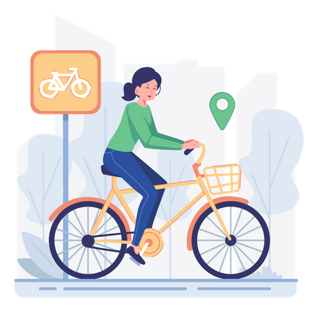 Woman riding bike in bicycle lane  Illustration