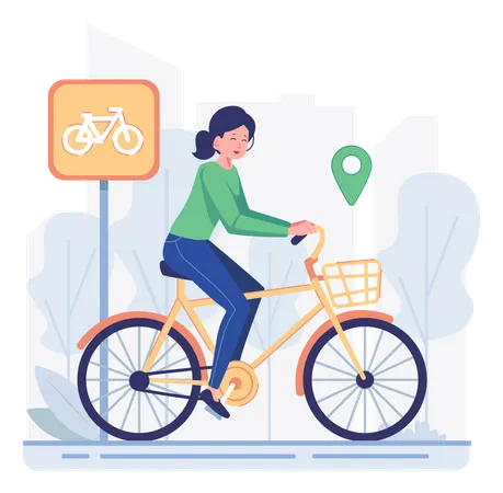 Woman riding bike in bicycle lane  Illustration