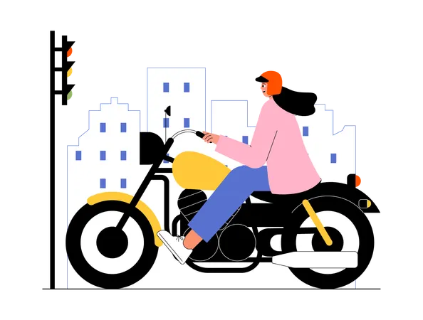 自転車に乗ってサマーキャンプに向かう女性  イラスト