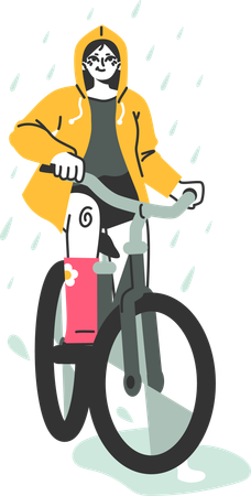 Woman riding cycle in rainy days  イラスト