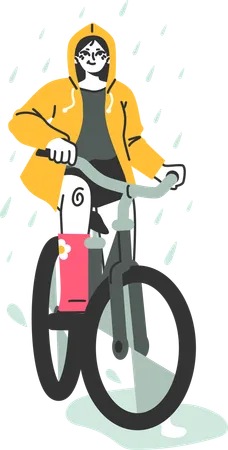 Woman riding cycle in rainy days  Illustration