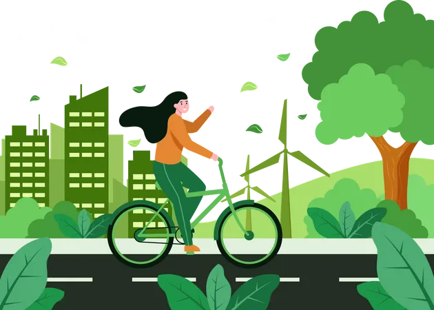 Woman riding cycle on World Car Free Day Illustration