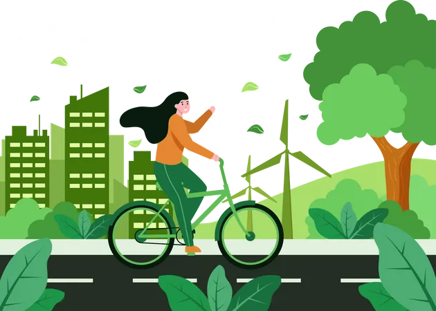 Woman riding cycle on World Car Free Day  Illustration