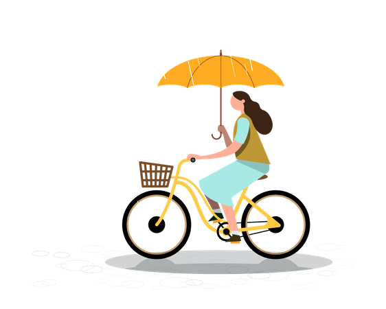 Woman riding cycle while holding umbrella during rainy season Illustration