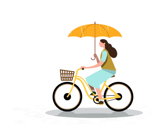 Woman riding cycle while holding umbrella during rainy season Illustration