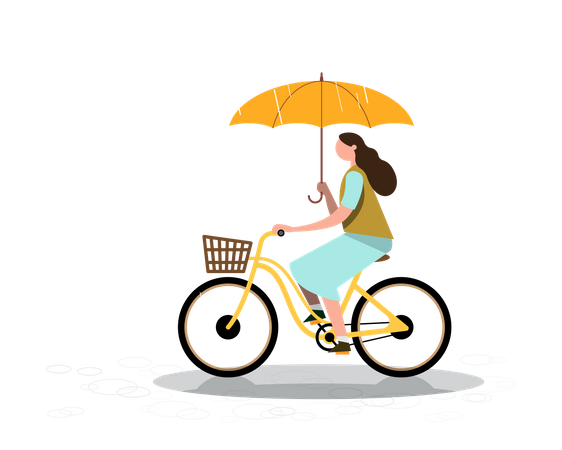 Woman riding cycle while holding umbrella during rainy season  Illustration