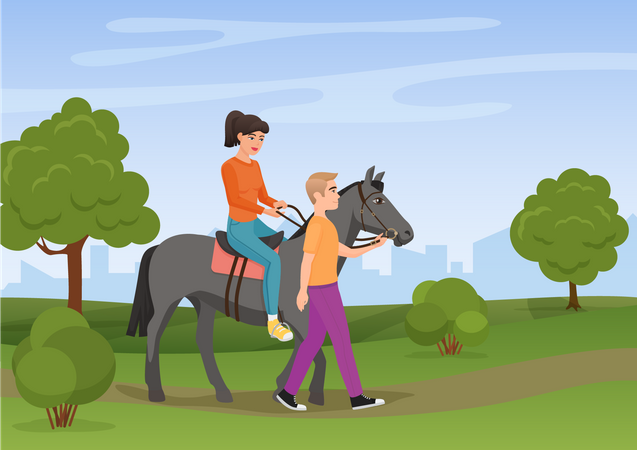 Woman riding horse with man Illustration