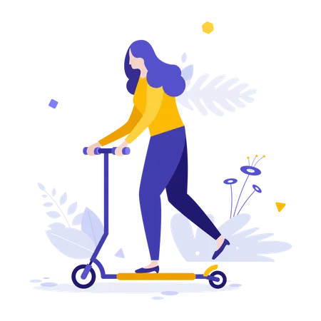 Woman riding kick scooter Illustration