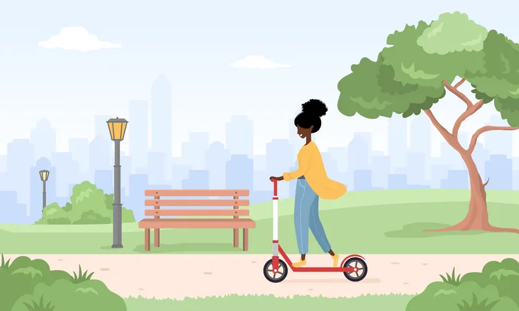 Woman riding kick scooter Illustration