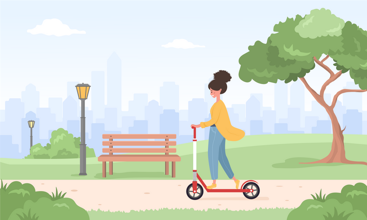 Woman riding kick scooter around city Illustration