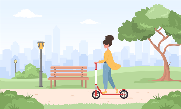 Woman riding kick scooter around city  Illustration